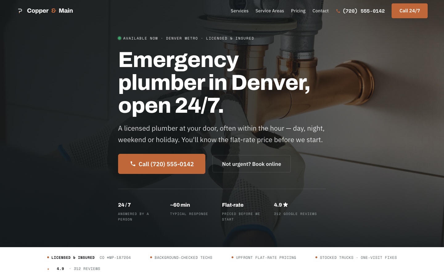 Copper & Main — live 24/7 emergency plumber site built by Atelier Sol